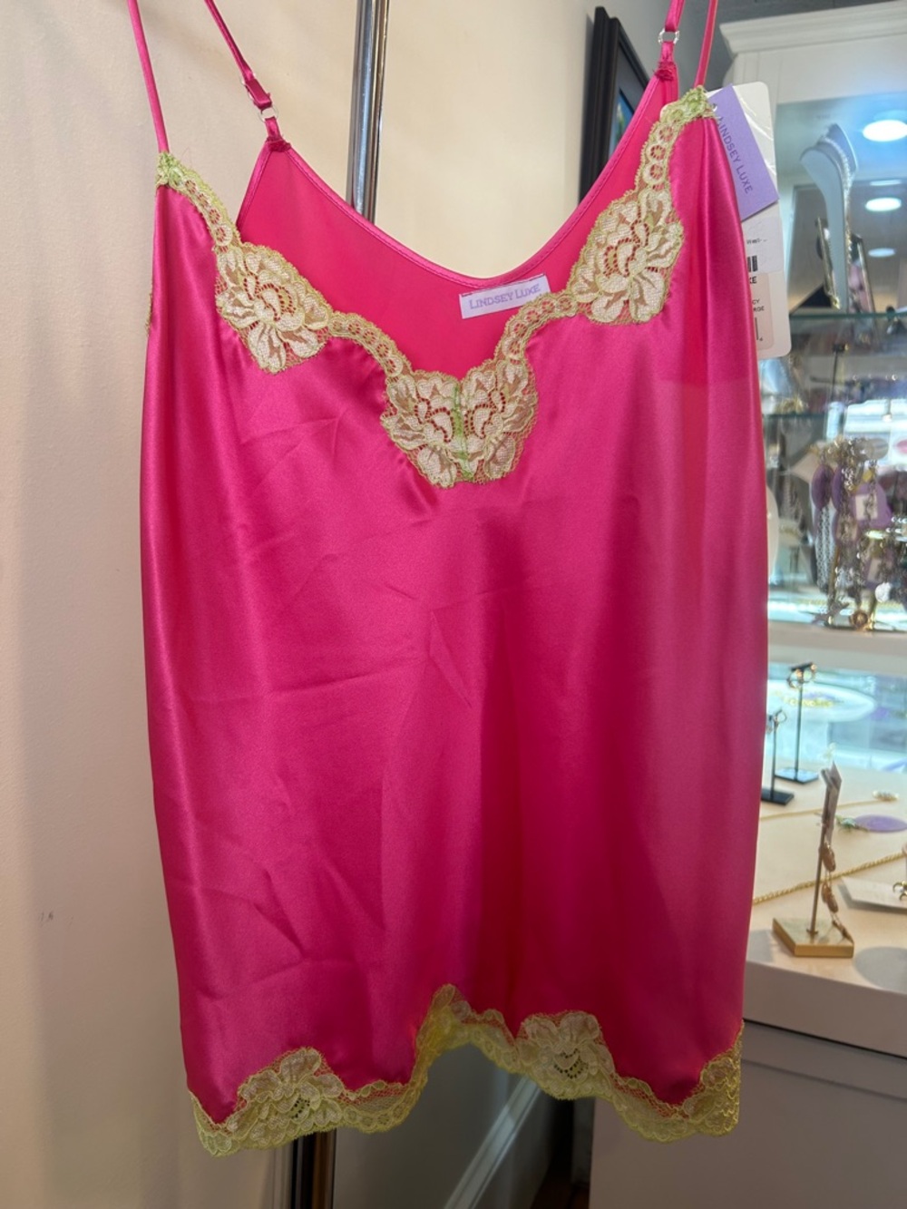 Hot Pink 100% Silk Camisole with Light Chartreuse Lace Trim